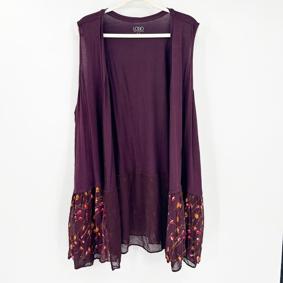 LOGO Lori Goldstein Womens 3X Eggplant Floral Hem Open Front‎ Sleeveless Vest - Picture 1 of 6
